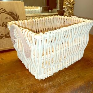 **SOLD** 
White Wicker Basket Tan Suede Handles 11”x 6” x 8”